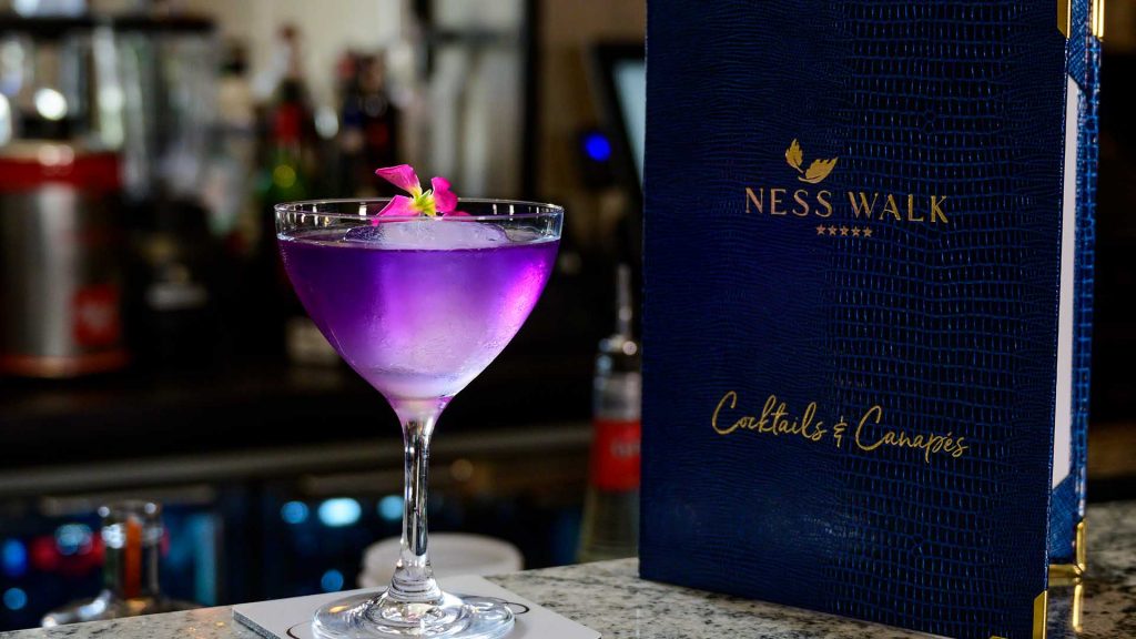 Purple cocktail and menu