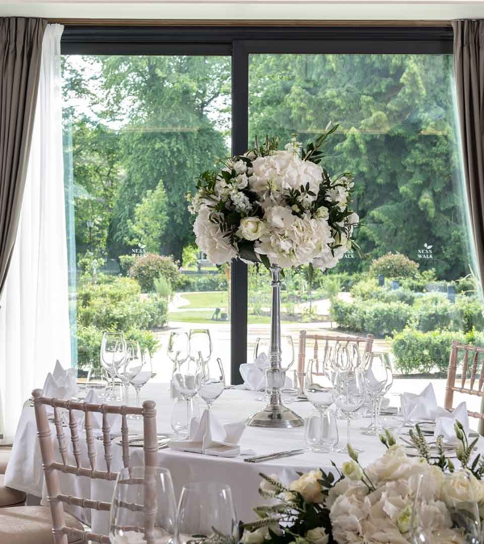 view from wedding setup out to courtyard