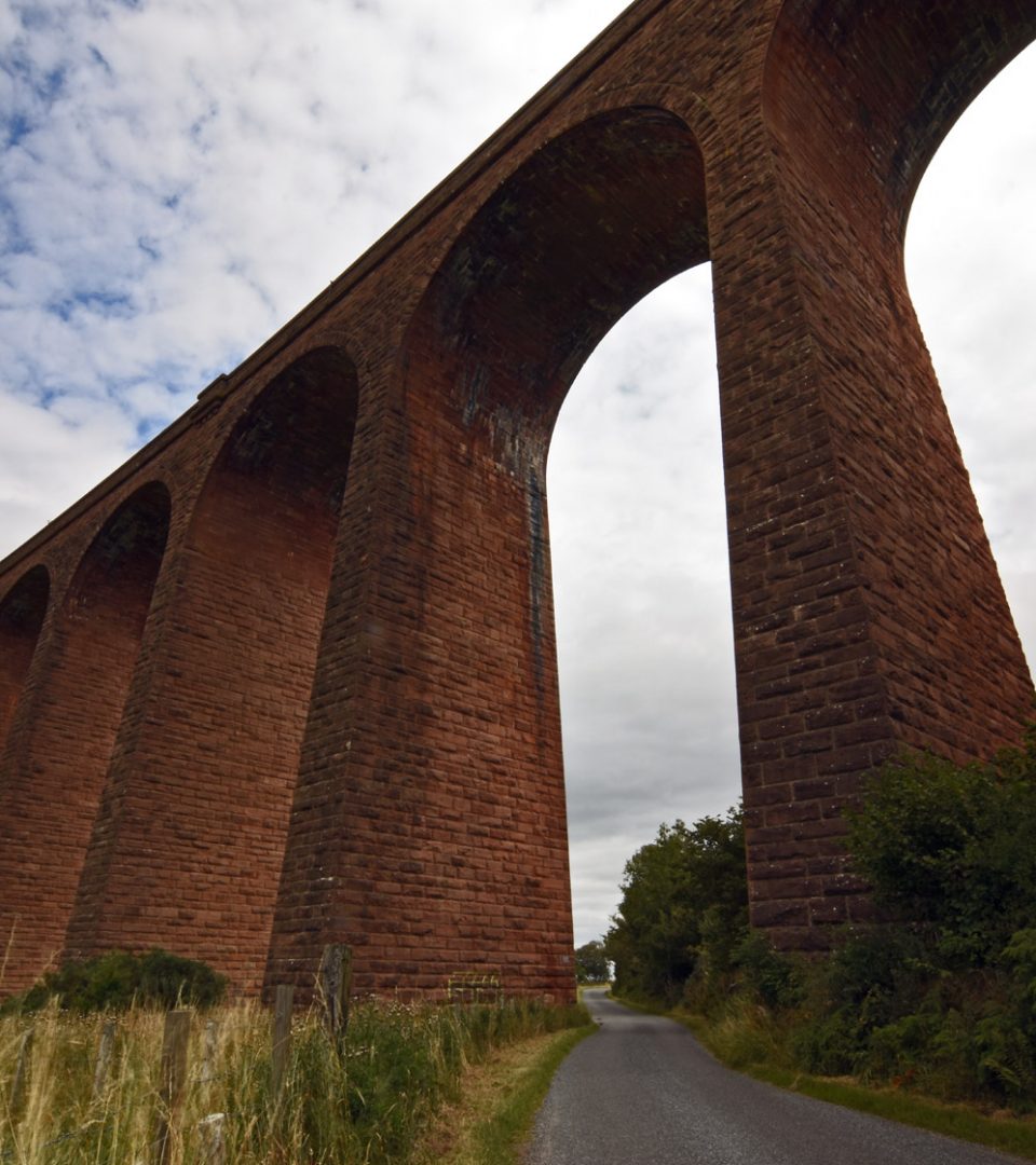 View looking up through arches of Culloden Viaduct near Inverness