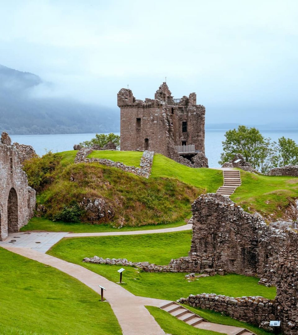 castle ruins on cloudy and foggy day