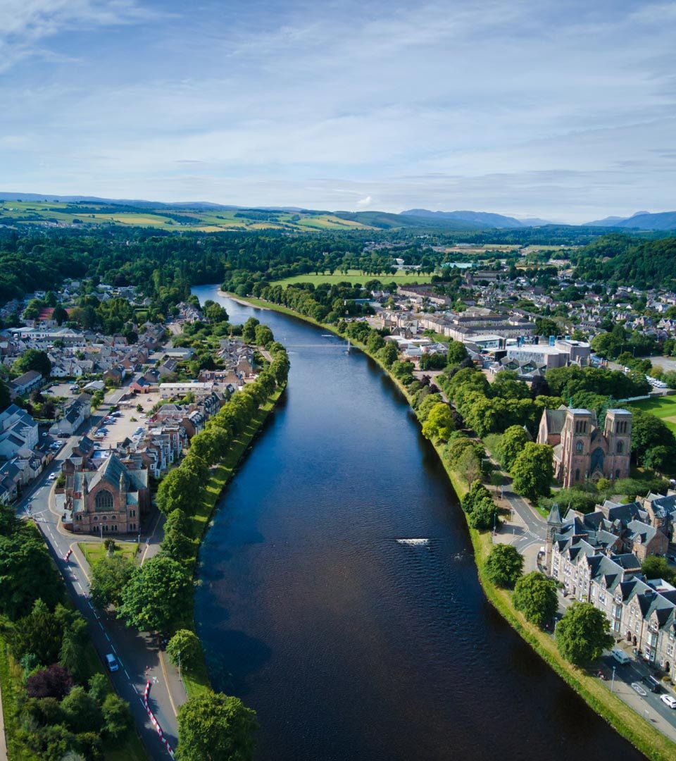 Aerial view of city of Inverness and River Ness