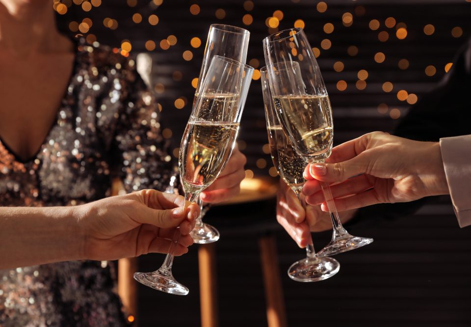 Champagne glasses at a Christmas party celebration