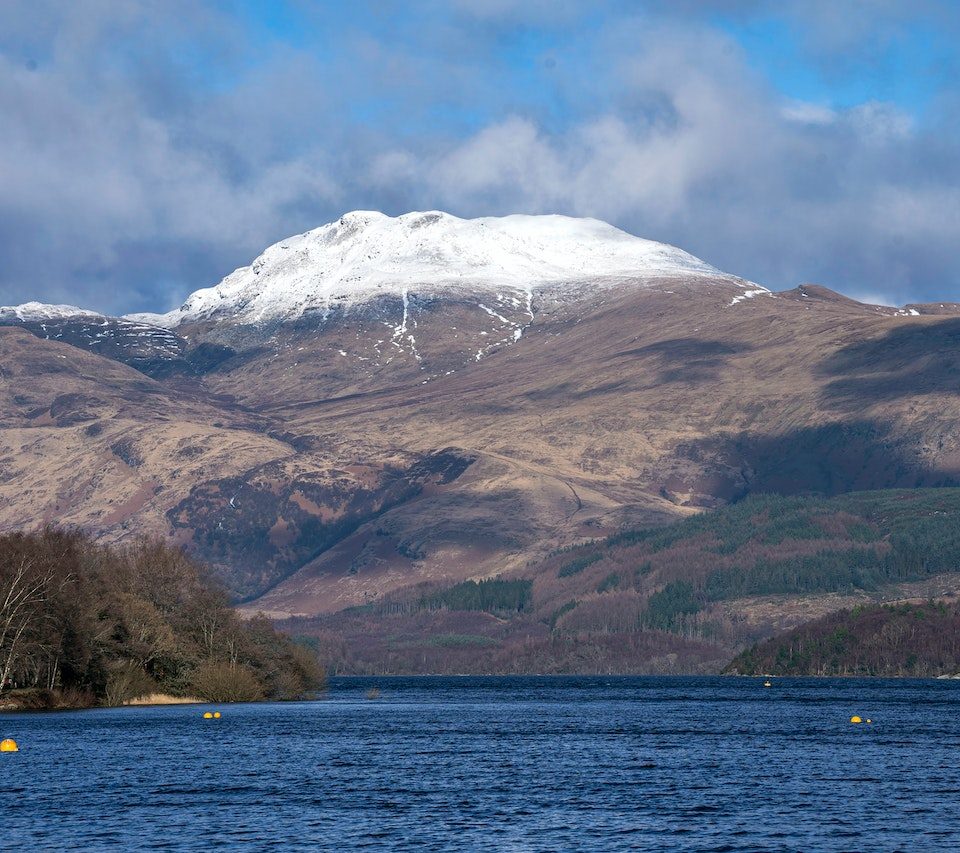 Loch Ness with snowcapped mountains in the distance