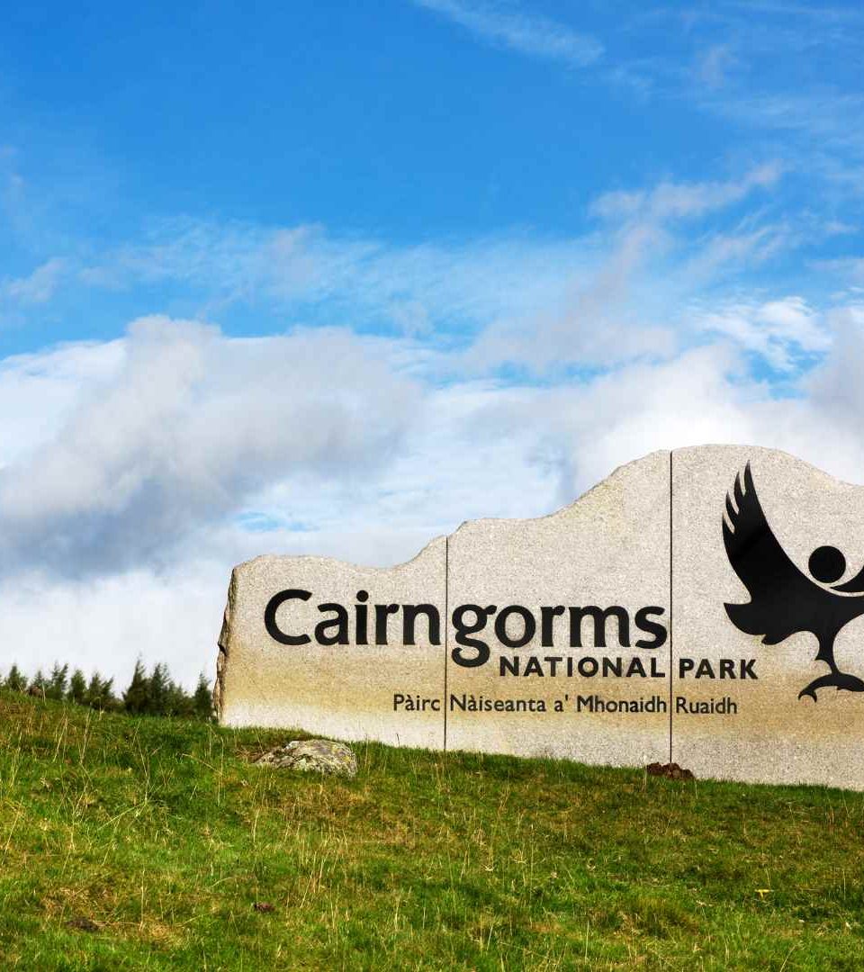 Cairngorm National Park sign in Cairngorm Mountains