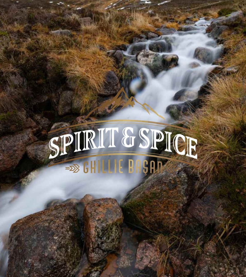 River flowing through Cairngorm mountains with logo of Spirit and Spice overlaid