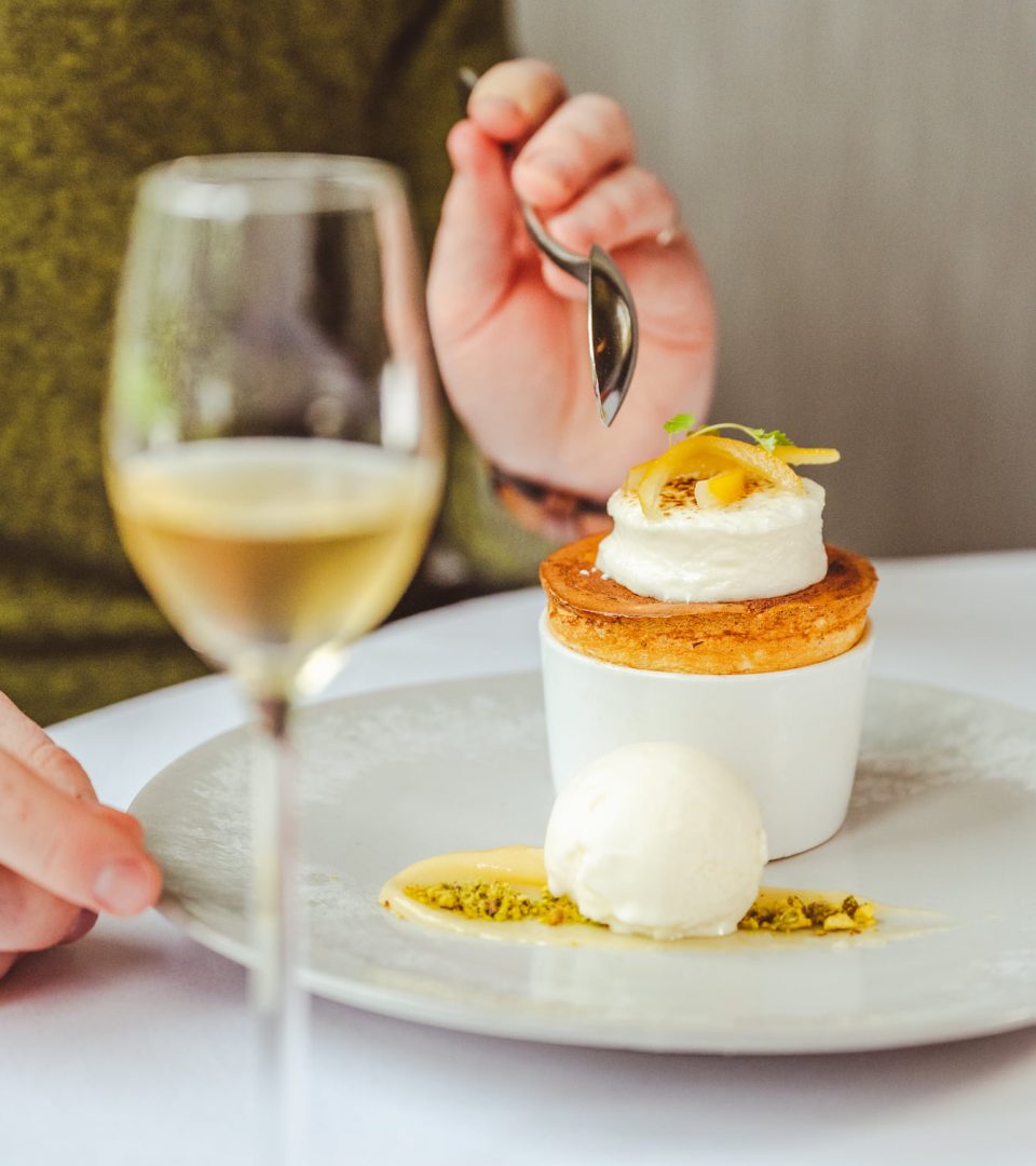 lemon & pistachio soufflé crème fraîche sorbet - toasted marshmallow - lemon confit