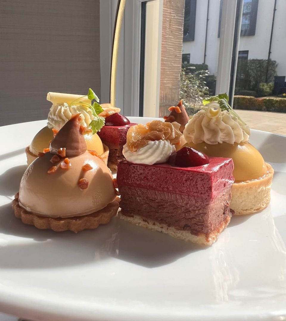 Spring Afternoon Tea desserts at Ness Walk with caramel sablé