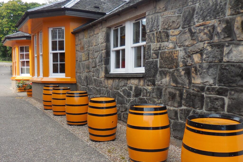 Barrels outside Glenmorangie distillery in Scotland.