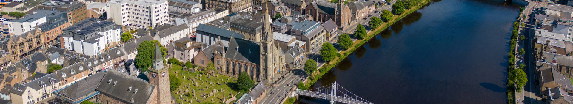 Aerial view of Inverness city and the river running through it.